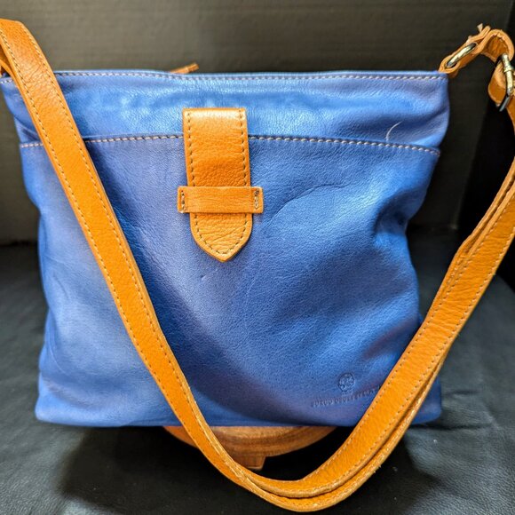 Borgo Degli Etruschi Womens Crossbody Bag Medium Marine Blue/Tan Soft Leather‎ - Picture 1 of 8